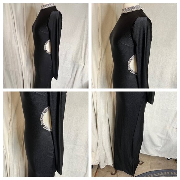 Fashion Nova Black Long Sleeve Backless Dress With Rhinestone Trim Evening  flaw - Picture 3 of 16